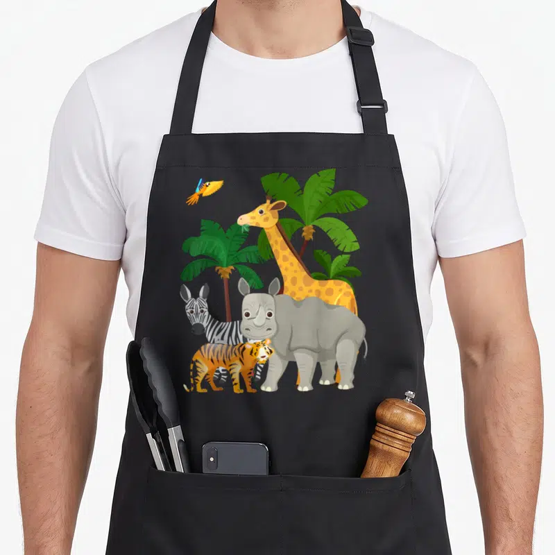 Tablier de cuisine noir avec une girafe, un rhinocéros, un zèbre, un tigre et un perroquet entourés de feuilles de palmier vertes.