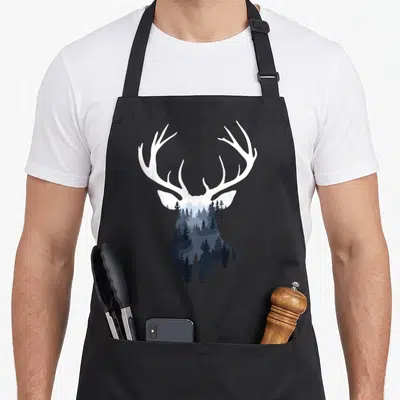 Tablier de cuisine noir avec silhouette de cerf intégrant une forêt d'épinettes bleues et des bois blancs stylisés en blanc pur.