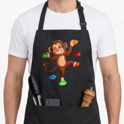 Tablier de cuisine noir avec un singe marron escaladant des prises vertes, rouges, bleues et orange en cartoon.