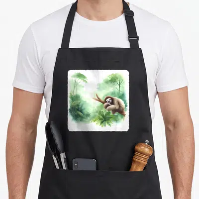 Tablier de cuisine noir avec illustration d'un paresseux dormant sur une branche dans une forêt tropicale verte.