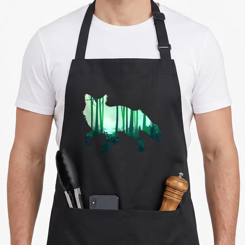 Tablier de cuisine noir avec silhouette de renard intégrant un paysage forestier vert et des arbustes stylisés.