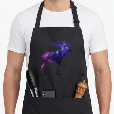 Tablier de cuisine noir avec silhouette d'élan aux couleurs violettes et bleues style univers stellaire