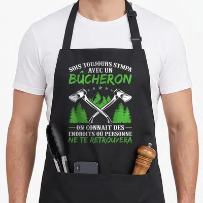 Tablier de cuisine noir avec deux haches blanches croisées, des sapins verts et le texte Sois toujours sympa avec un bûcheron.