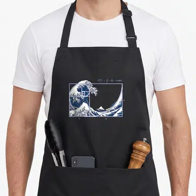 Tablier de cuisine noir avec une illustration fusionnant une onde japonaise classique et une spirale dorée mathématique.