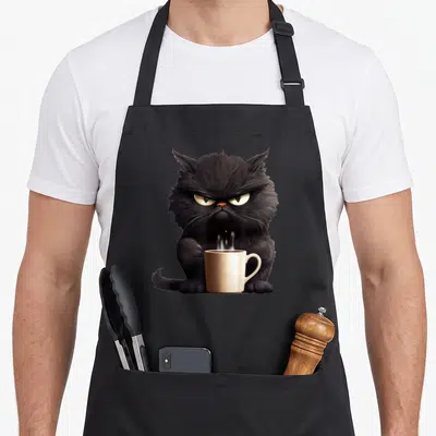 Tablier de cuisine noir avec un chat noir mignon aux yeux fâchés tenant une tasse de café fumante.
