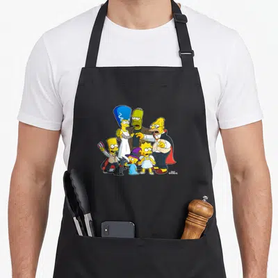 Tablier de cuisine noir avec les Simpson déguisés en famille de monstres pour Halloween.