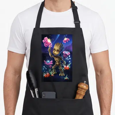 Tablier de cuisine noir avec Groot tenant une fleur rose luminescente au milieu d'une flore exotique sous un ciel étoilé.
