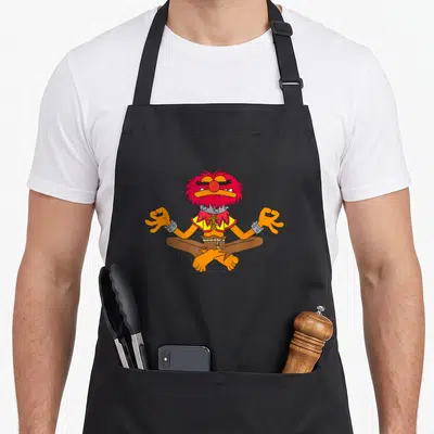 Tablier de cuisine noir avec Animal des Muppets en position de lotus et les mains en gesture de paix.