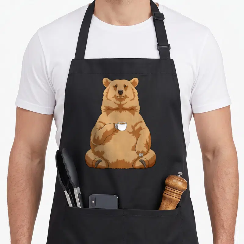 Tablier de cuisine noir avec un ours brun assis tenant une tasse blanche de café dans sa patte.