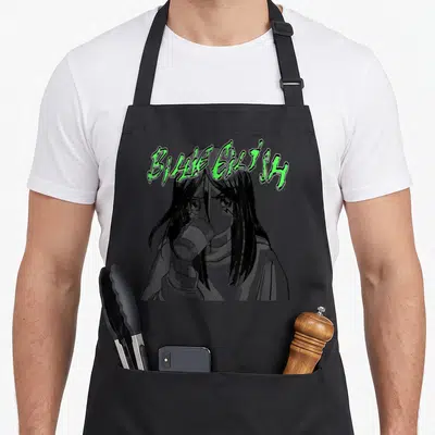 Tablier de cuisine noir avec illustration style anime d'une fille tenant une tasse et un logo vert stylisé au-dessus.