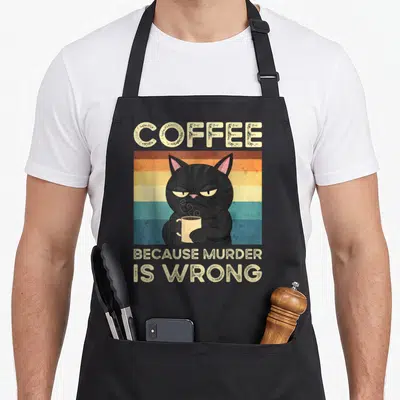 Tablier de cuisine noir avec illustration d'un chat noir tenant une tasse fumante sur fond de bandes colorées rétro.
