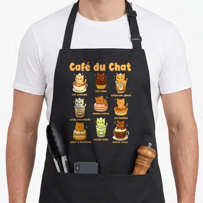 Tablier de cuisine noir avec neuf illustrations de chats dans des boissons et pâtisseries au style kawaii coloré.