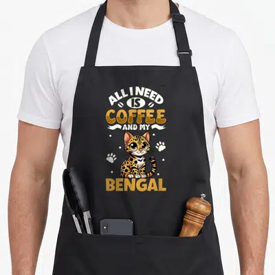 Tablier de cuisine noir avec illustration d'un chat bengal et texte All I Need Is Coffee And My Bengal