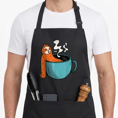 Tablier de cuisine noir avec un paresseux orange se détendant dans une grande tasse de café bleue.