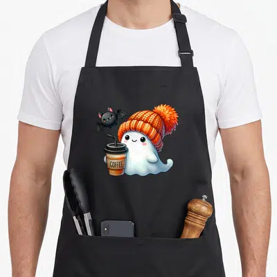 Tablier de cuisine noir avec un fantôme blanc portant un bonnet tricoté orange et tenant une tasse de coffee à emporter.
