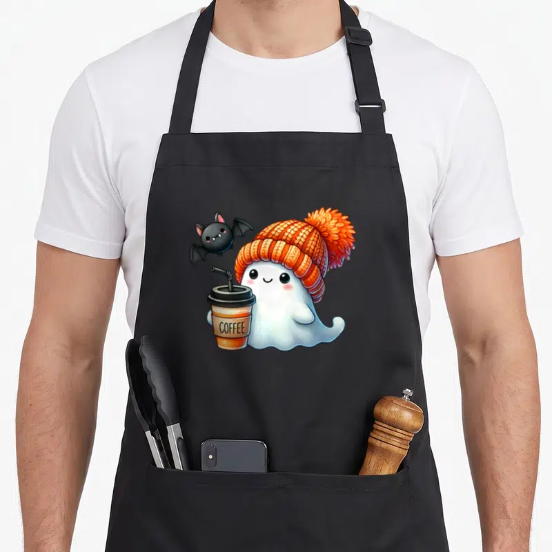 Tablier de cuisine noir avec un fantôme blanc portant un bonnet tricoté orange et tenant une tasse de coffee à emporter.