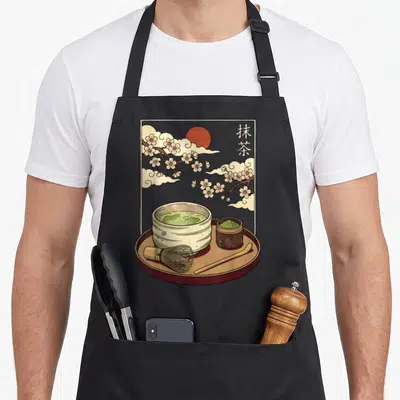 Tablier de cuisine noir avec une illustration de bol de matcha, de branches de sakura et de caractères japonais sur fond gris.