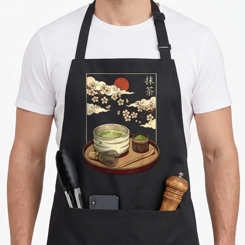 Tablier de cuisine noir avec une illustration de bol de matcha, de branches de sakura et de caractères japonais sur fond gris.