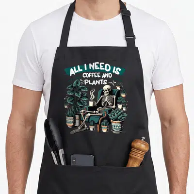 Tablier de cuisine noir avec un squelette tenant une tasse de café au milieu de plusieurs plantes en pot aux pots décorés.