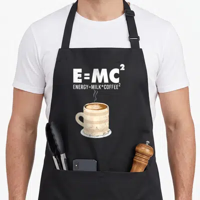 Tablier de cuisine noir avec formule E=MC² et illustration de tasse de café à l'art latte
