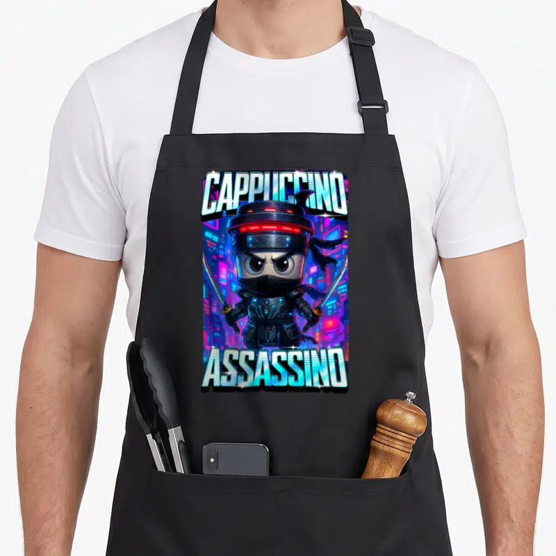 Tablier de cuisine noir avec un ninja chibi tenant deux katana sous le texte Cappuccino Assassino sur fond néon.