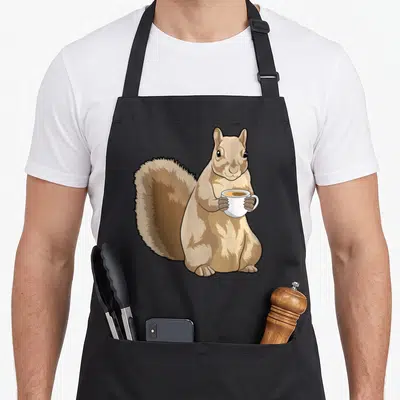 Tablier de cuisine noir avec un écureuil marron tenant une tasse blanche de café fumant.