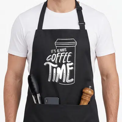 Tablier de cuisine noir avec illustration blanche d'une tasse et le texte It's Always Coffee Time au centre.