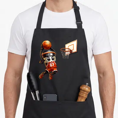 Tablier de cuisine noir avec un ballon de basketball orange numbered 67 sautant vers un panier de basket.