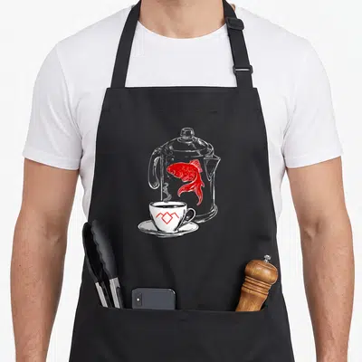 Tablier de cuisine noir avec illustration d'une cafetière, d'un poisson rouge et d'une tasse à café.