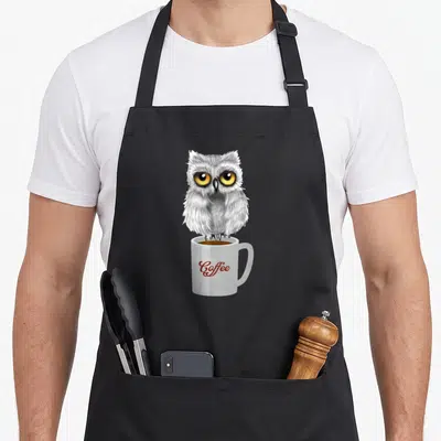 Tablier de cuisine noir avec une chouette des neiges assise sur une tasse portant l'inscription Coffee.