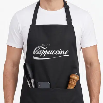 Tablier de cuisine noir avec le texte « Enjoy » Cappuccino en écriture cursive blanche stylisée.
