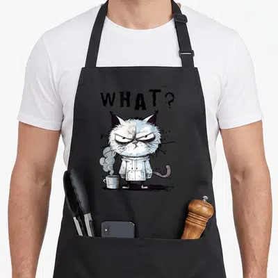 Tablier de cuisine noir avec illustration d'un chat blanc fâché en pull tenant une tasse fumante sous le texte What ?