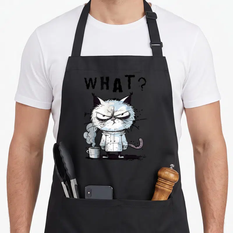 Tablier de cuisine noir avec illustration d'un chat blanc fâché en pull tenant une tasse fumante sous le texte What ?