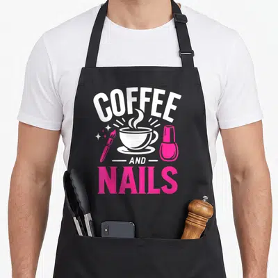 Tablier de cuisine noir avec illustration tasse de café pinceau à ongles et flacon de vernis rose vif