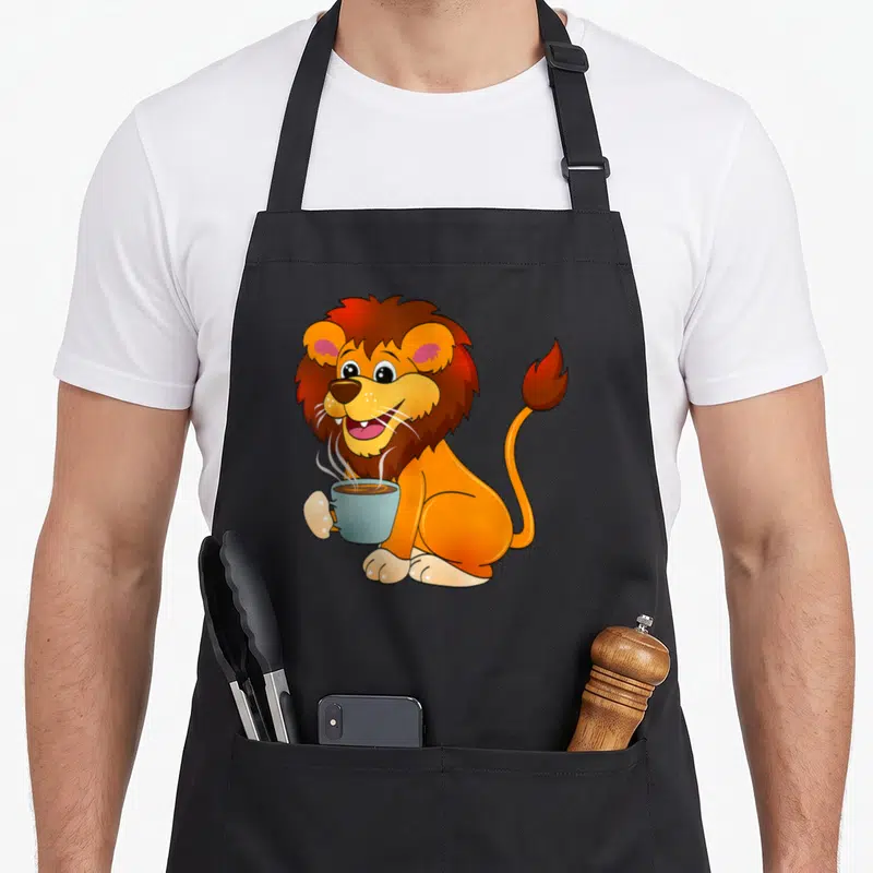 Tablier de cuisine noir avec un lion cartoon tenant une tasse de café fumant.