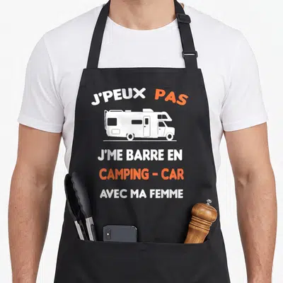 Tablier de cuisine noir avec illustration de camping-car et texte Je peux pas faire un voyage en camping avec ma femme