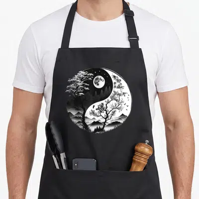Tablier de cuisine noir avec un grand Taijitu Yin Yang illustrant une lune, des pins et des montagnes en noir et blanc.