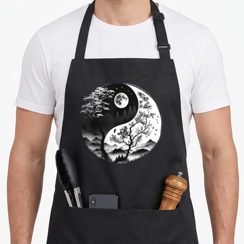 Tablier de cuisine noir avec un grand Taijitu Yin Yang illustrant une lune, des pins et des montagnes en noir et blanc.