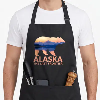 Tablier de cuisine noir avec silhouette d'ours grizzly et paysage montagneux coloré sous le mot Alaska.