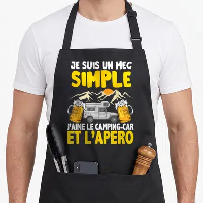 Tablier de cuisine noir avec illustration de camping-car, verres d'apéro et texte Je suis un mec simple J'aime le camping-car et l'apéro.