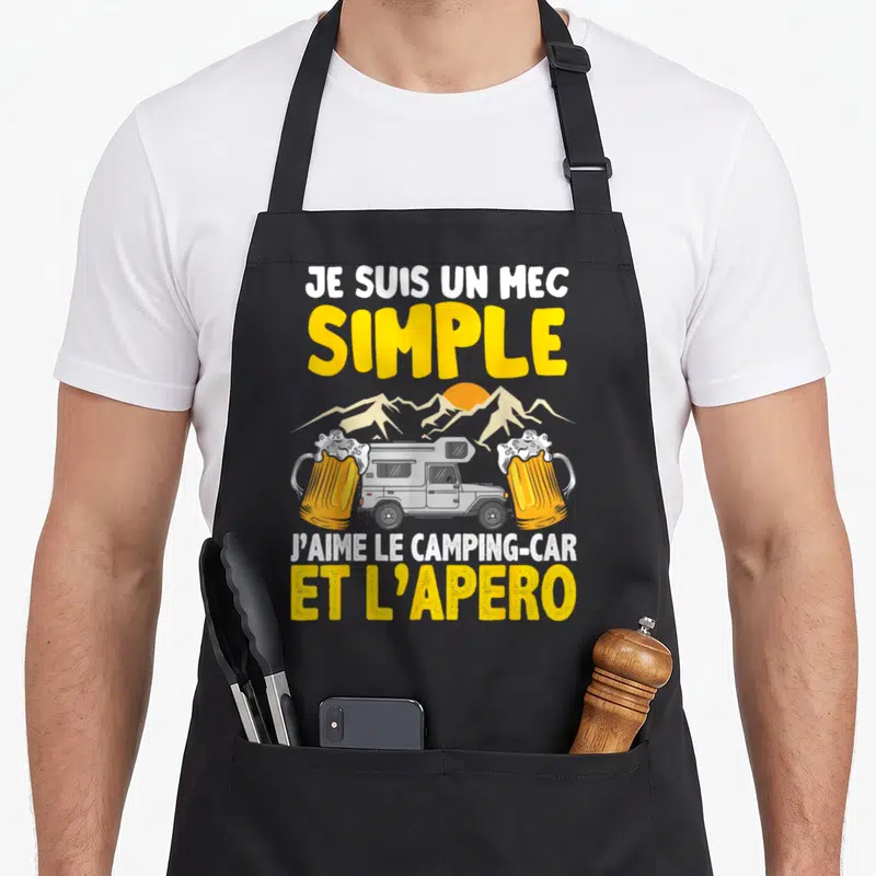 Tablier de cuisine noir avec illustration de camping-car, verres d'apéro et texte Je suis un mec simple J'aime le camping-car et l'apéro.