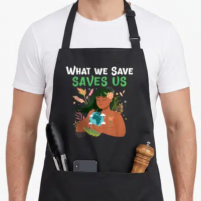 Tablier de cuisine noir avec illustration d'une femme aux cheveux verts tenant la Terre et le texte What We Save Saves Us.