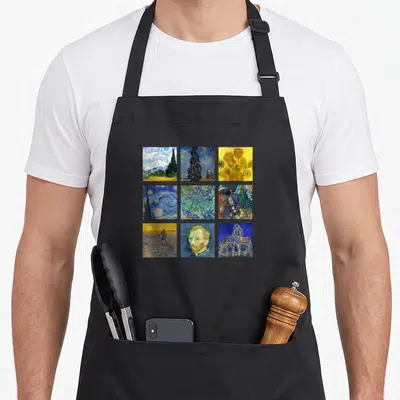 Tablier de cuisine noir avec une grille de neuf reproductions artistiques représentant les œuvres de Vincent van Gogh.