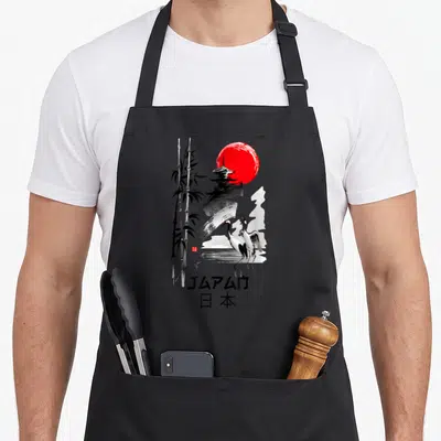 Tablier de cuisine noir avec illustration de pagode, soleils rouges, grues et bambous stylisés.