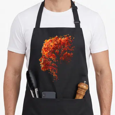 Tablier de cuisine noir avec un arbre aux feuilles oranges formant le profil d'un visage féminin.
