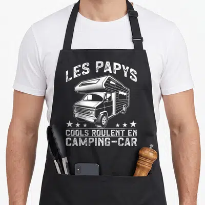 Tablier de cuisine noir avec illustration blanche d'un camping-car et le texte Les Papys Cools Roulent En Camping-Car.