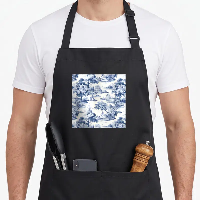 Tablier de cuisine noir avec une toile de jouy bleu et blanc représentant un art naturel vintage et des paysages bucoliques détaillés.