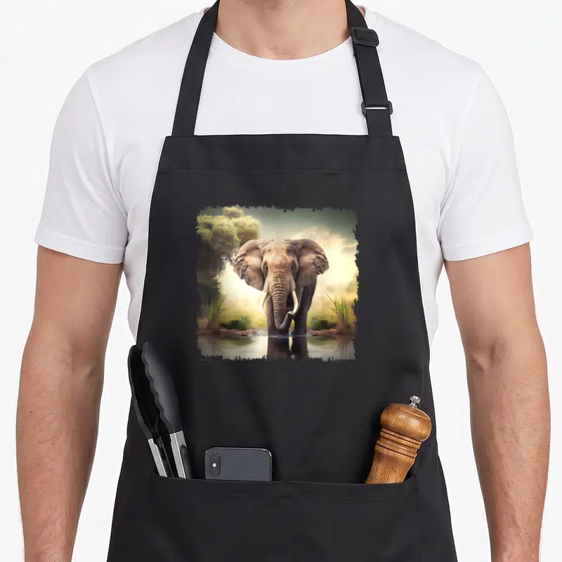 Tablier de cuisine noir avec un éléphant de safari se tenant dans l'eau face à l'observateur.