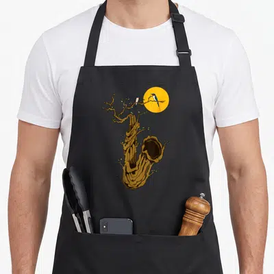 Tablier de cuisine noir avec illustration d'un saxophone transformé en arbre portant deux oiseaux sous un disque solaire jaune.