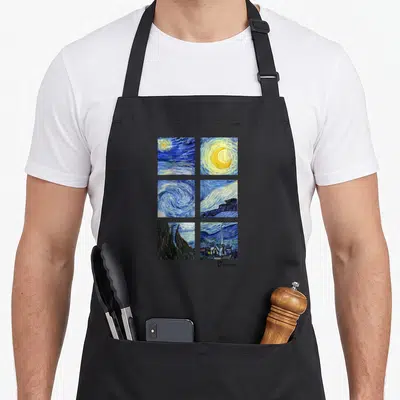 Tablier de cuisine noir avec un collage de six extraits de la Nuit étoilée et la signature Vincent en bas.